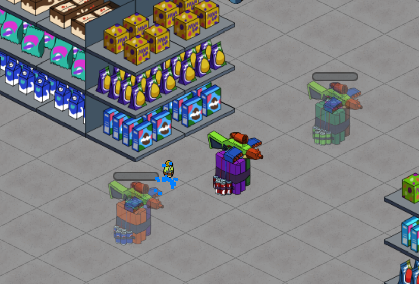 Two towers defending shelves packed with stock in Clearance Defence