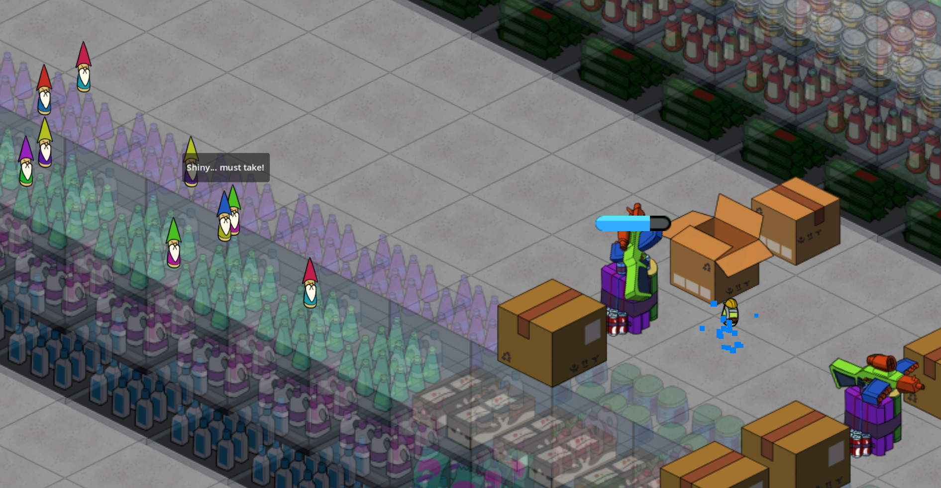 Gnomes advancing on tower positions with a dialogue bark reading Shiny must take