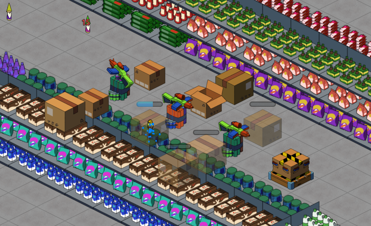 Gnomes attacking defensive tower line with damage numbers