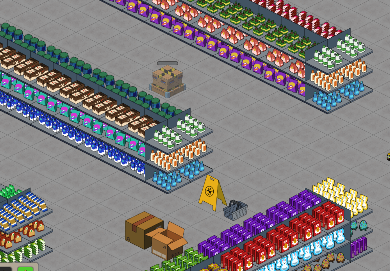 Store interior packed with colourful products, wet floor sign and shopping basket visible