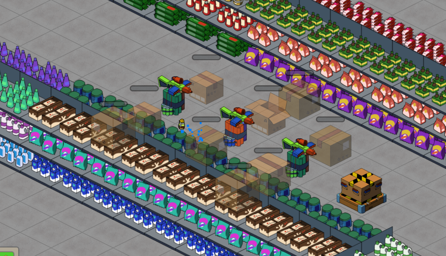 Towers positioned between store aisles with an engineer moving supplies