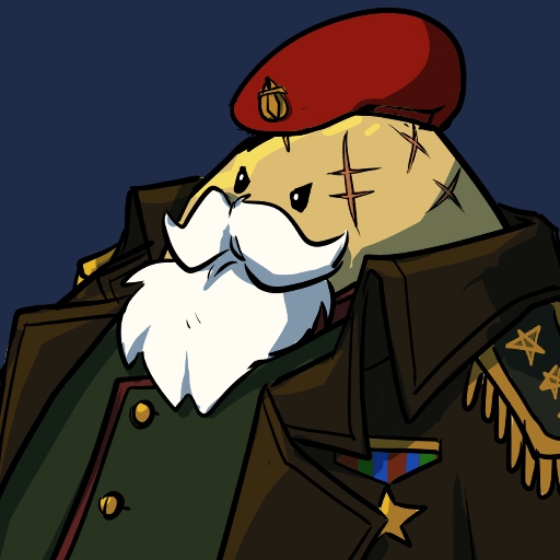 Commander Eggustus Vindex — gruff Easter egg in military uniform, red beret, medals, and a look that says he takes the clearance sale very seriously