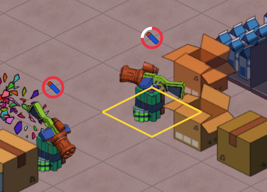 An earlier pass on the warning, drawn as a red hollow ring with a foam-dart glyph inside, one tower selected with a yellow tile outline