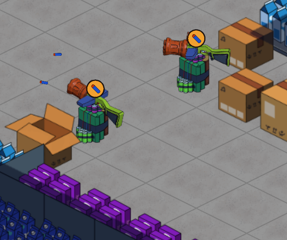 Two projectile towers in the store aisles, each with an amber warning disc and a foam-dart glyph floating above the gun, indicating low magazine