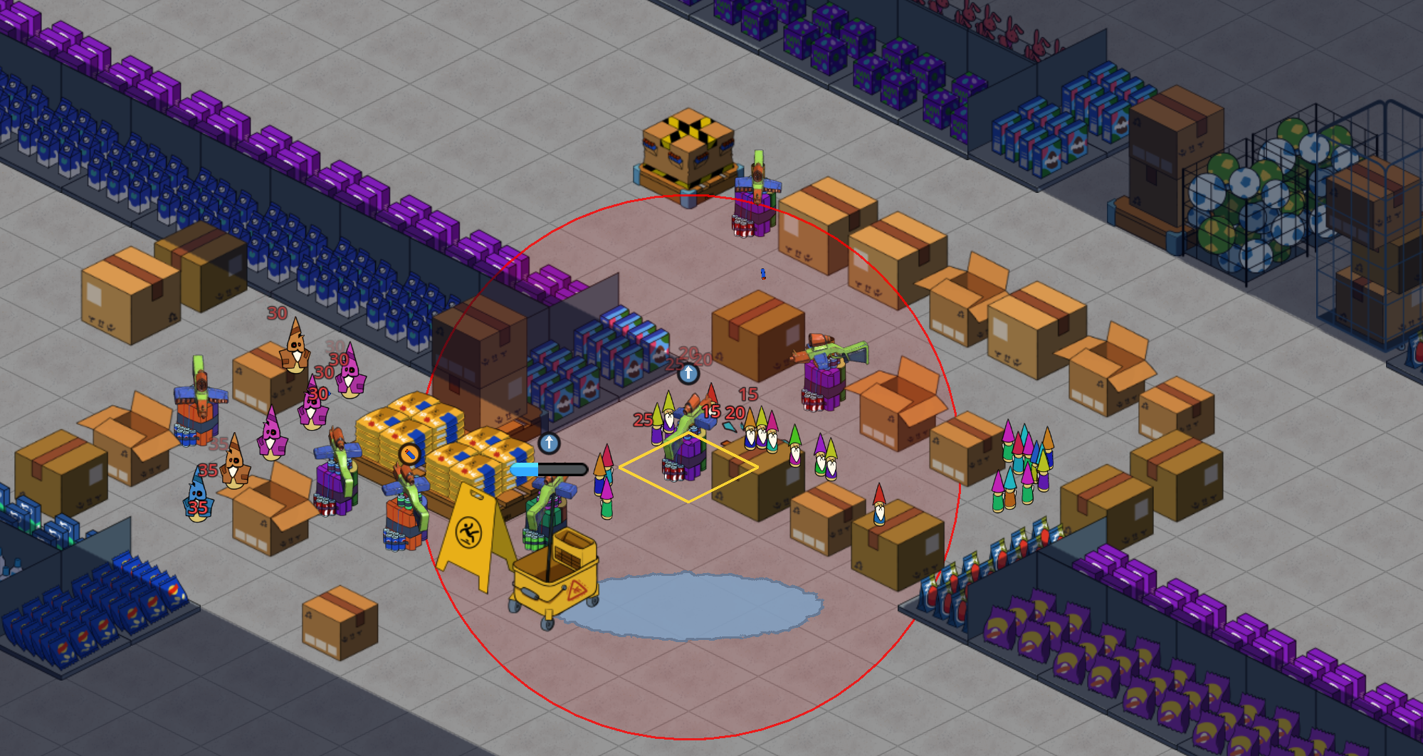 Wide combat shot — towers defending the FOB pallet against a wave of gnomes, damage numbers floating, puddle hazards on the aisle floor