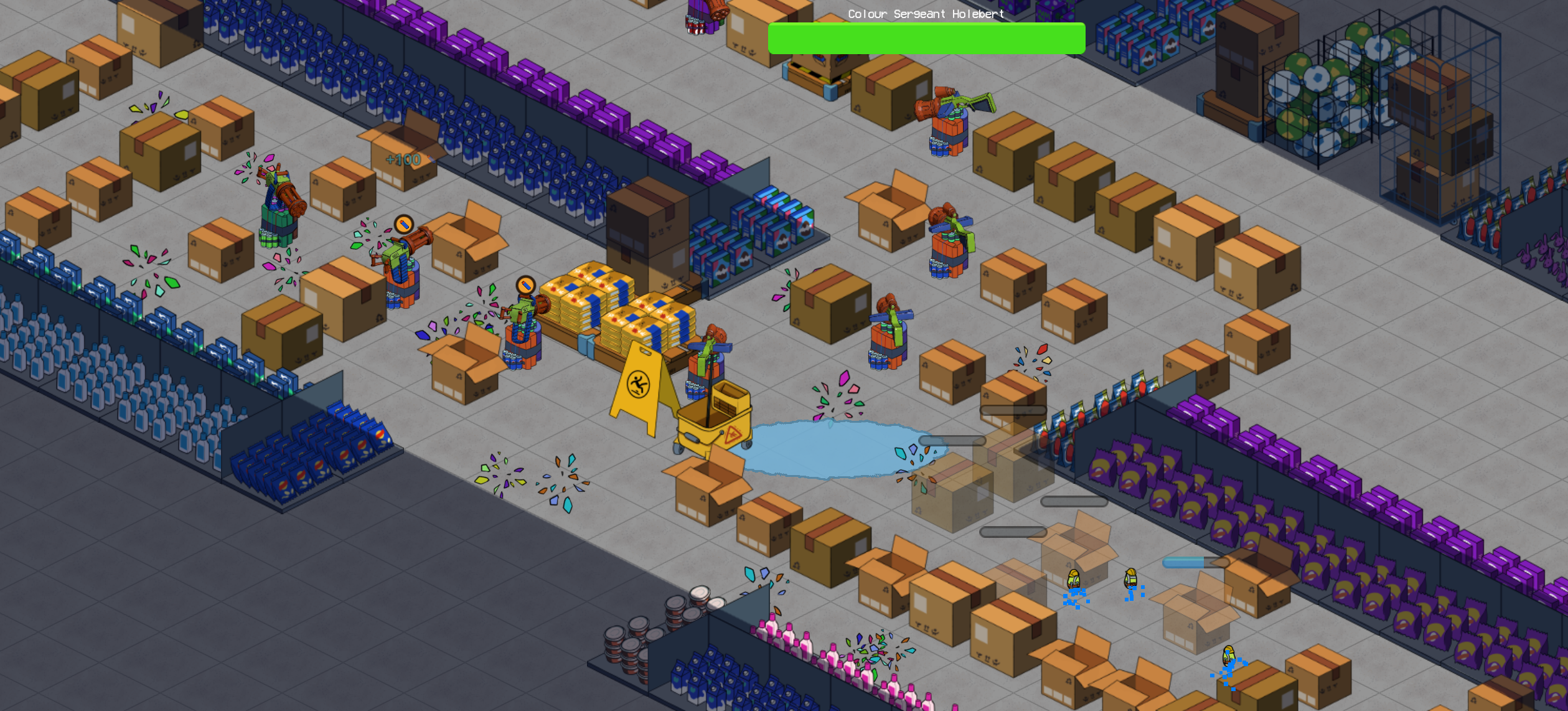 Boss fight — a named boss, Colour Sergeant Holebert, with a health bar across the top, towers ringing a central aisle with a wet-floor puddle hazard, confetti deaths and blue-slowed gnomes leaking through
