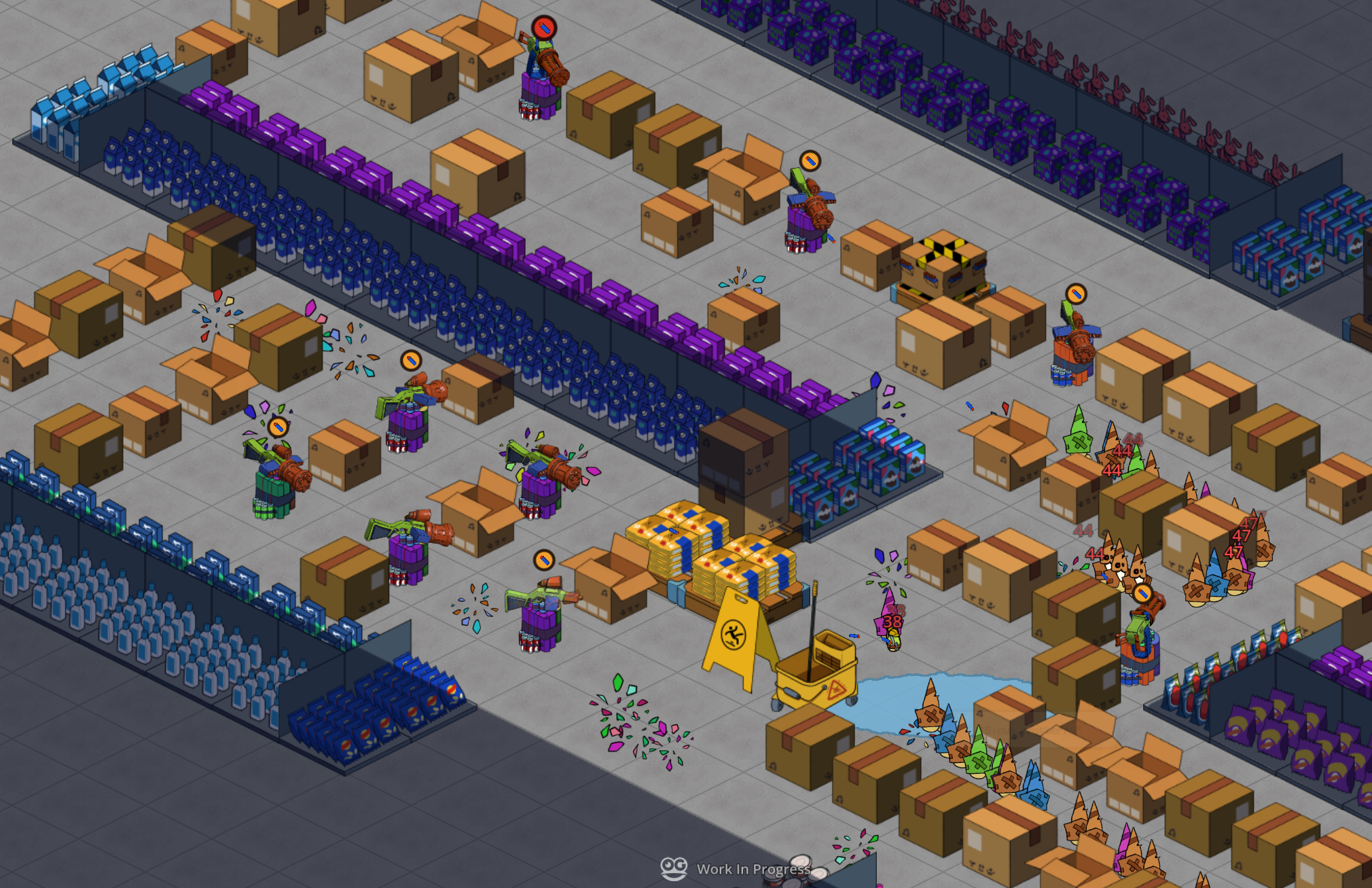 Late-night store firefight — launcher towers dug into delivery boxes, heavy confetti bursts as gnomes shatter, a lead boss gnome with a tight escort of smaller ones taking damage, mop bucket and blue puddle hazard on the aisle floor