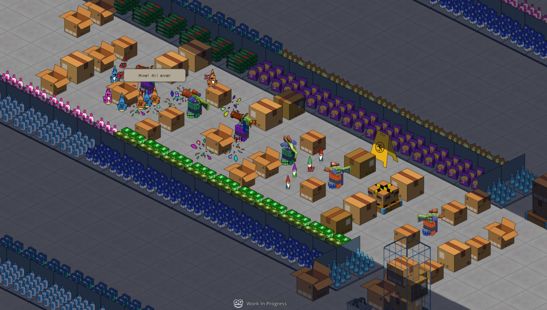 Aisle firefight — gnomes massing top-left with a “Mine! All mine!” speech bubble, several bursting into colourful confetti shards, launcher towers firing from inside delivery boxes, floating damage numbers, a hazard-striped crate and wet-floor sign