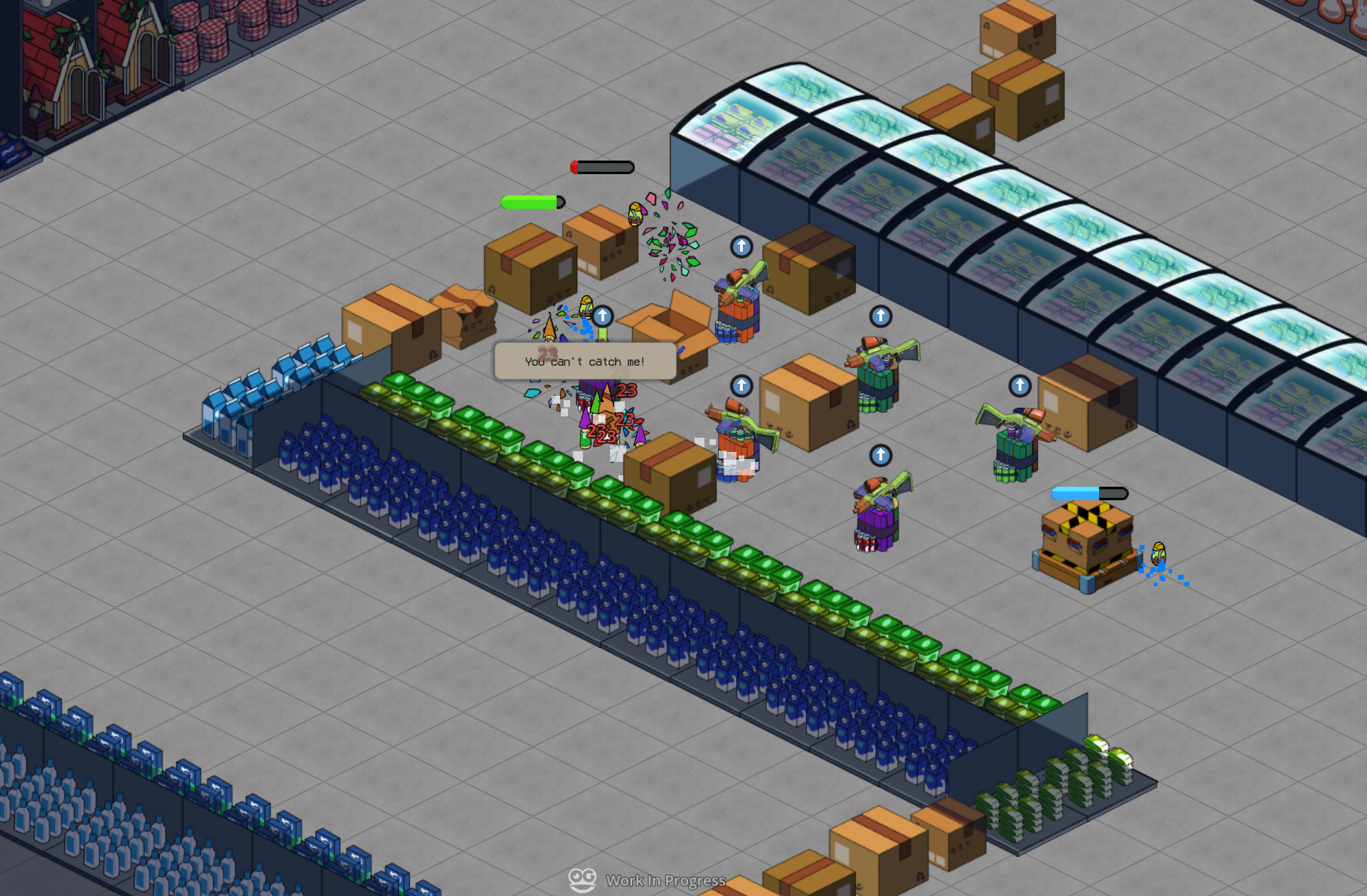 Gnomes filing past launcher towers nestled in cardboard delivery boxes along a glass-roofed freezer run, one fleeing mid-lane