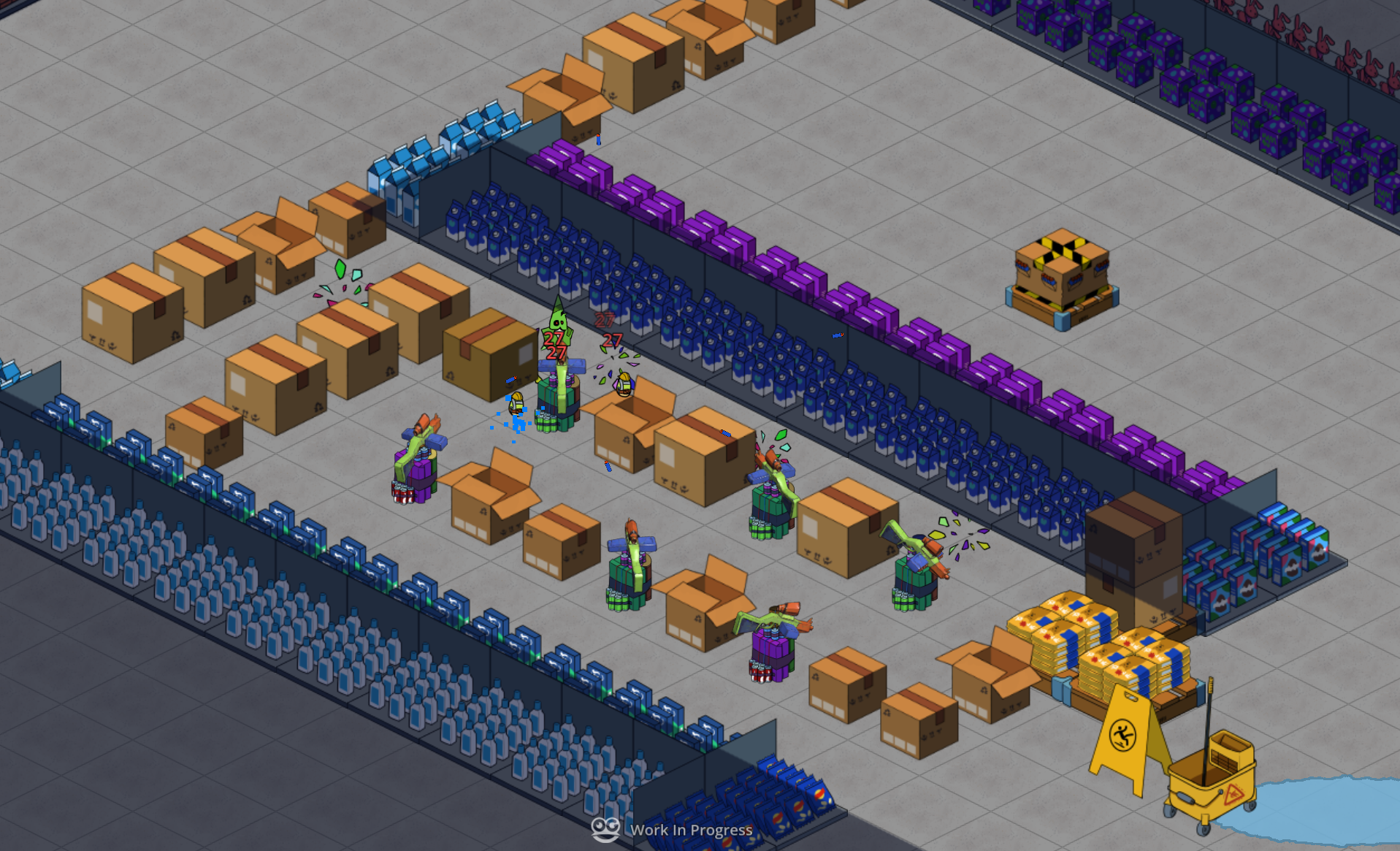 A column of garden gnomes advancing down a lane of stocked aisles as improvised towers, dug into cardboard delivery boxes, return fire across the floor